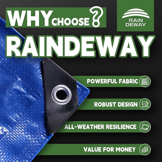 Blue Tarp 10x16 Feet, 8 Mil Thick, UV Resistant, Multipurpose Waterproof Poly Tarp Cover with Metal Grommets and Reinforced Edges by RAINDEWAY