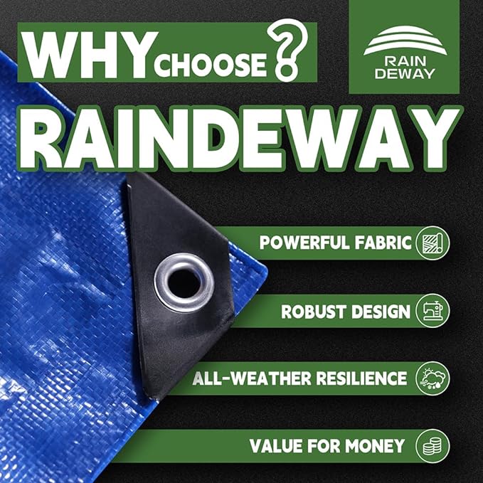Blue Tarp 12x14 Feet, 8 Mil Thick, UV Resistant, Multipurpose Waterproof Poly Tarp Cover with Metal Grommets and Reinforced Edges by RAINDEWAY