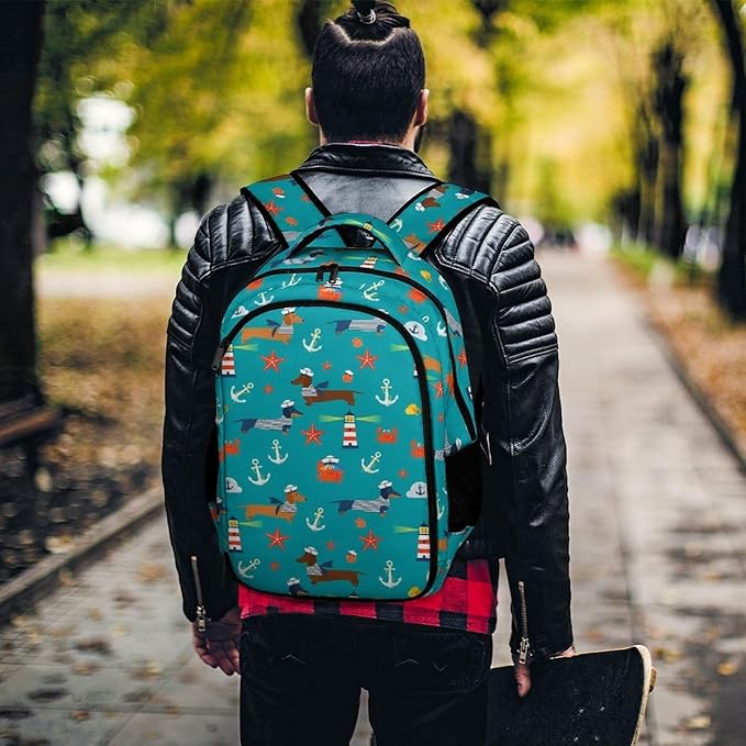 Water Resistant Laptop Backpack Dachshund Nautical Dog Pattern, Business Anti Theft Computer Bag with Water Bottle Pockets for College Men Women