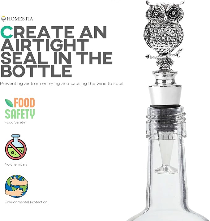 Homestia Wine Stoppers, Bottle Stoppers Wine Saver for Wine Champagne, Reusable Wine Preserver Wine Corks for Beverage, Christmas Gifts Birthday Gifts for Men Women (Owl)