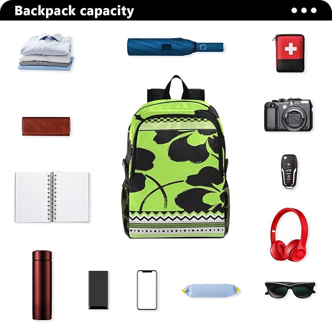 Foldable 18 L backpack anti theft: Packable waterproof travel backpack for men for Travel Camping Outdoor Black Fluorescent Green Flowers Tribal Patterns