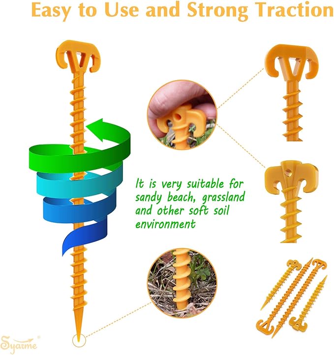 Tent Stakes Spiral Ground Anchor 11" Orange,On The Beach and Lawn for Securing Animals,Tents,Canopies and Beach Blankets Etc,Plastic Pile 10pc-Pack,Includes Brush and Bag
