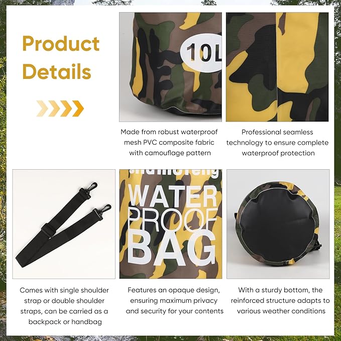Waterproof Dry Bag 5L/10L/15L/20L/30L Roll Top Dry Storage Backpack with Phone Case, Collapsible Water Bottle, Sunglasses, Ear Band for Kayaking Boating Swimming Fishing Camping, Yellow 20L