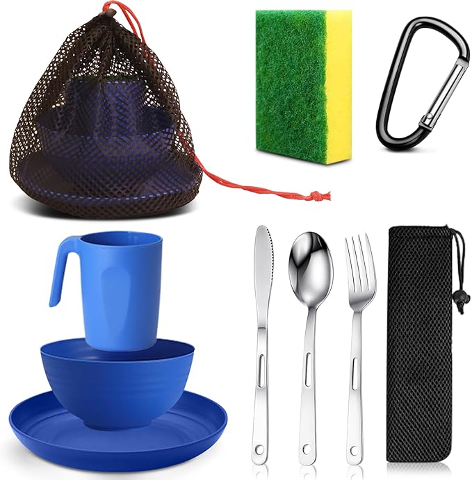 Scout Camping Mess Kit for 1 Person Boy Scout Dishes Set Girl Scout Mess Kit with Mesh Bag Reusable Light Weight Eating Utensils Plastic Camping Cutlery Set for Travel Camp