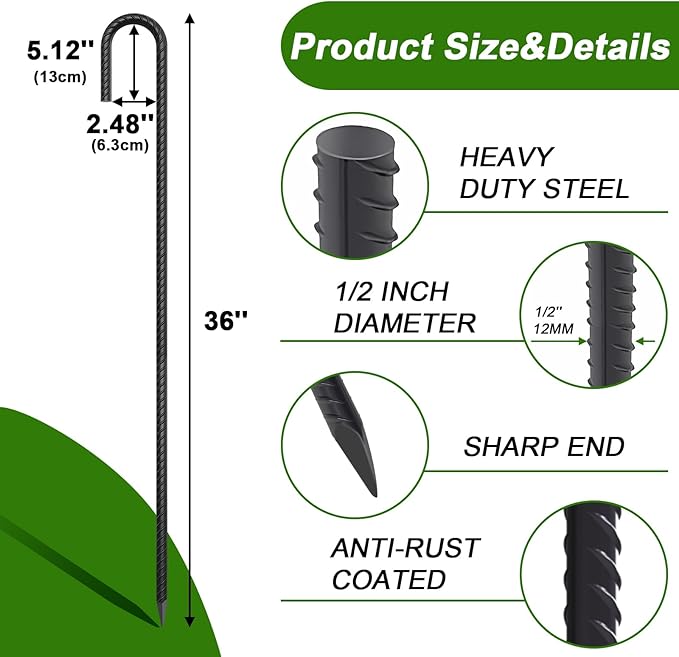 AAGUT 20 Pack Rebar Stakes J Hook 36 inch Heavy Duty Trampoline Stakes Steel Ground Anchors with Chisel Point End for Camping Tent Canopy and Chain Link Fence,Black