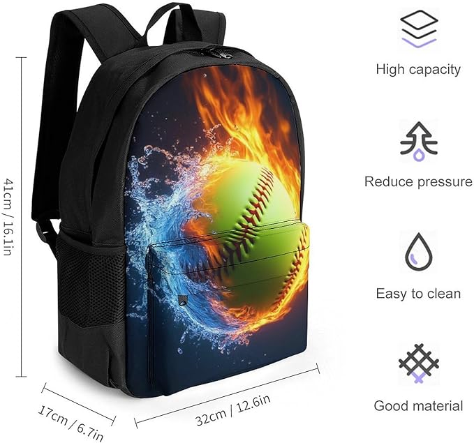 Lightweight Daypack Backpack for Sports Travel Running, Large Capacity Multipurpose Anti-Theft Bookbag, Ice Water Fire Softball Baseball Laptop Backpack Daypack