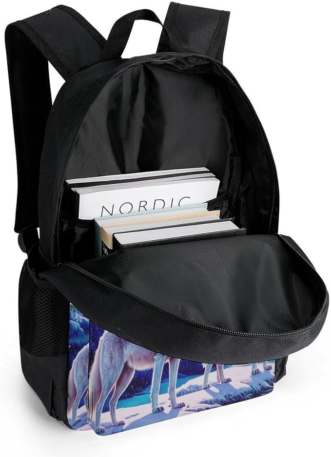 Supdreamc Polyester Daypack for Camping Travel Walking Cycling, Big Capacity Anti-Theft Multipurpose Bookbag, Wolves Moon Aurora Art Camping Outdoor Backpack