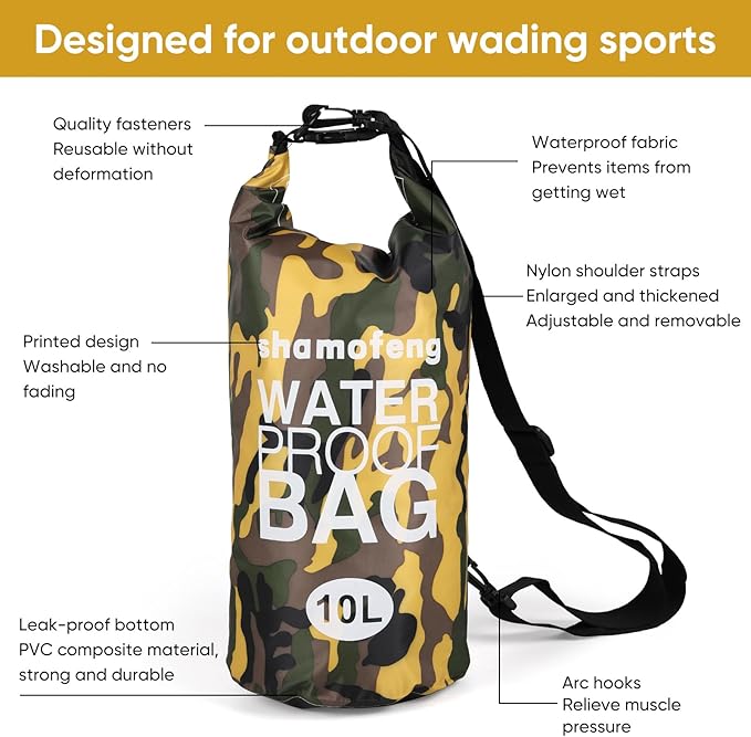 Waterproof Dry Bag 5L/10L/15L/20L/30L Roll Top Dry Storage Backpack with Phone Case, Collapsible Water Bottle, Sunglasses, Ear Band for Kayaking Boating Swimming Fishing Camping, Yellow 30L