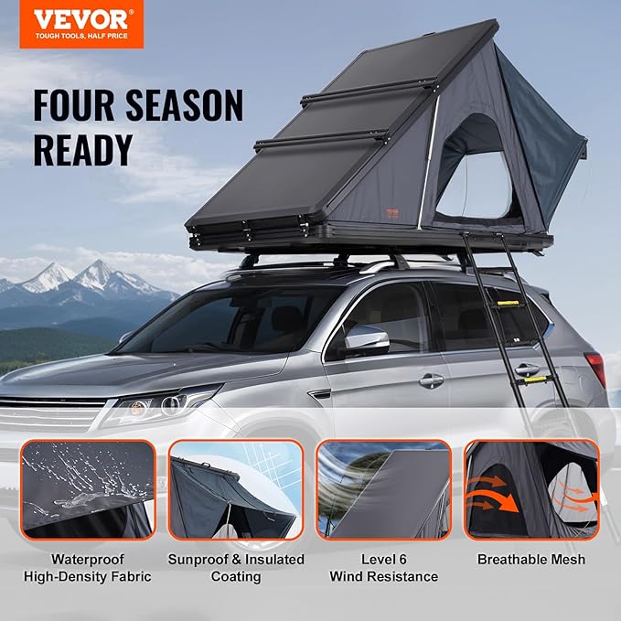 VEVOR Rooftop Tent Hard Shell, 2-3 Person Aluminum Roof Top Tent Hardshell with Tri-Color LED Light, Thick Mattress & 1 Window, Waterproof Windproof Overland Camping Car Roof Rack for Jeep SUV Pickup