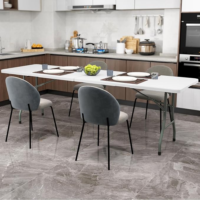 Folding Table, HDPE Portable Table with 8 ft Long Tabletop, Metal Frame Picnic Camping Table with Safe Lock, Collapsible Dining Table for Camping, Picnic, Party (White, 8 FT)