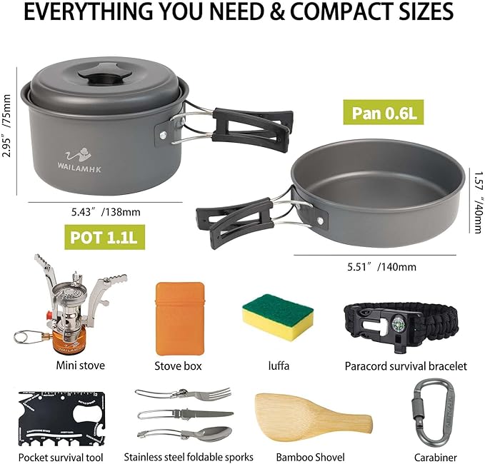 Camping Cookware Mess Kit, 13 pcs Backpacking Cookware Set, Lightweight Camping Pots and Stove Set for 1-2 Person, Outdoor Cooking Gear Ideal for Camping, Hiking, Backpacking and Picnic