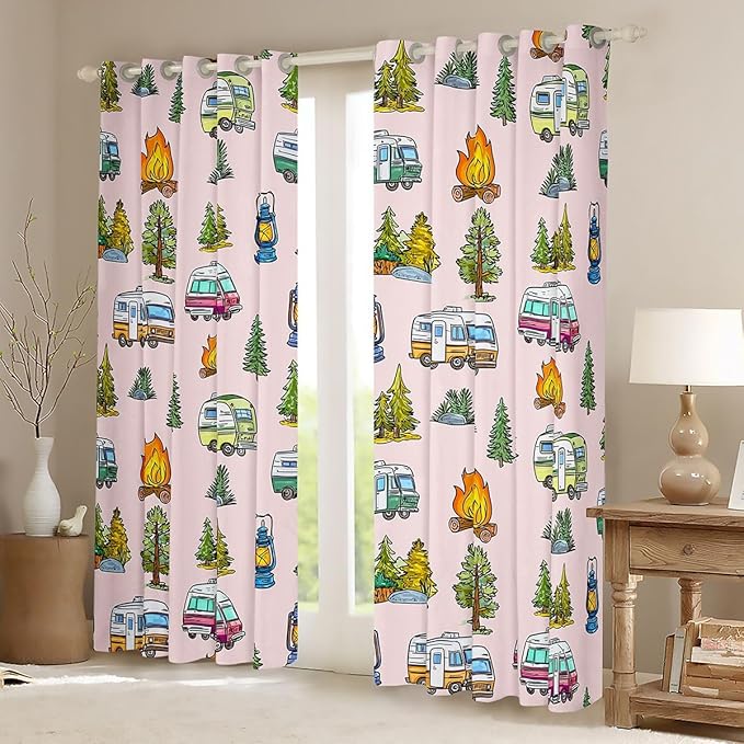 Feelyou Vintage Pink Camper Blackout Curtains Rustic Camping Trailer Darkening Drapes for Bedroom Living Room Decor Camping Tree Theme Thermal Insulated Shades Window Treatments, 2 Panels 42 x 84 Inch