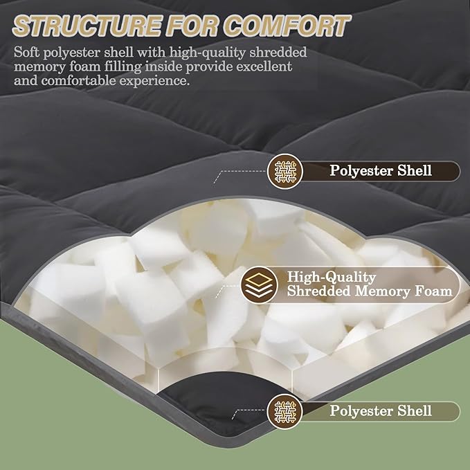 Japanese Floor Mattress Foldable & Portable Roll Up Futon Mattress 3" Grey Tatami Mat for Adult and Kids，Shredded Memory Foam Filled with Straps Sleeping Pad Suitable for Camping，60"x 80" Queen Size