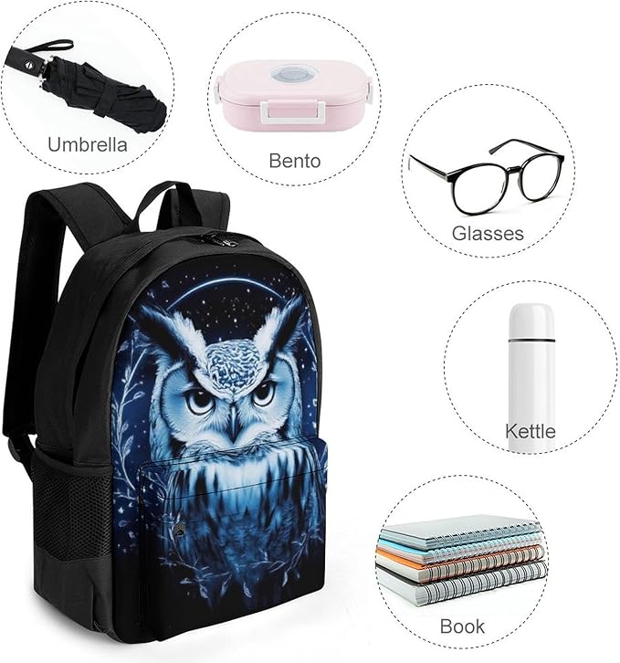Men Women Lightweight Fantasy Beautiful Owls Art Casual Daypack Big Capacity Bookbag With Padded Straps for Gym Travel Walking Cycling