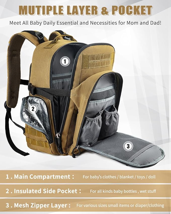 SHARKMOUTH Dad Diaper Bag Backpack - Military Baby Gear Backpacks with Daddy Patches Tan