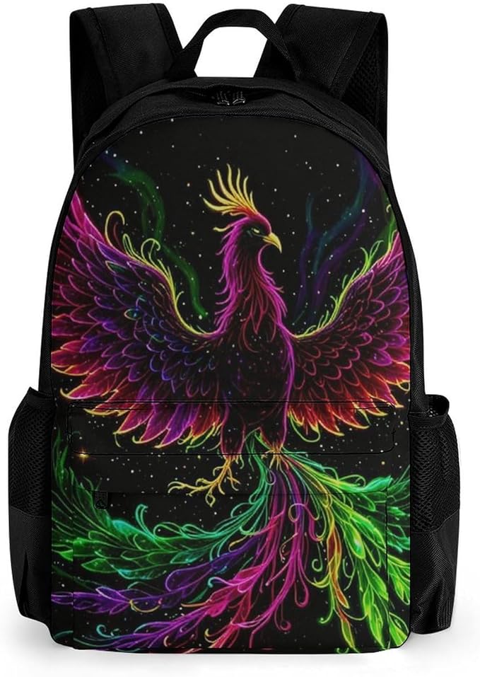 Daypack Bookbag Anti-Theft Multipurpose Large Capacity Bookbag, Colorful Fire Flame Phoenix Black Art Travel Hiking Camping Rucksack With Adjustable Shoulder Straps