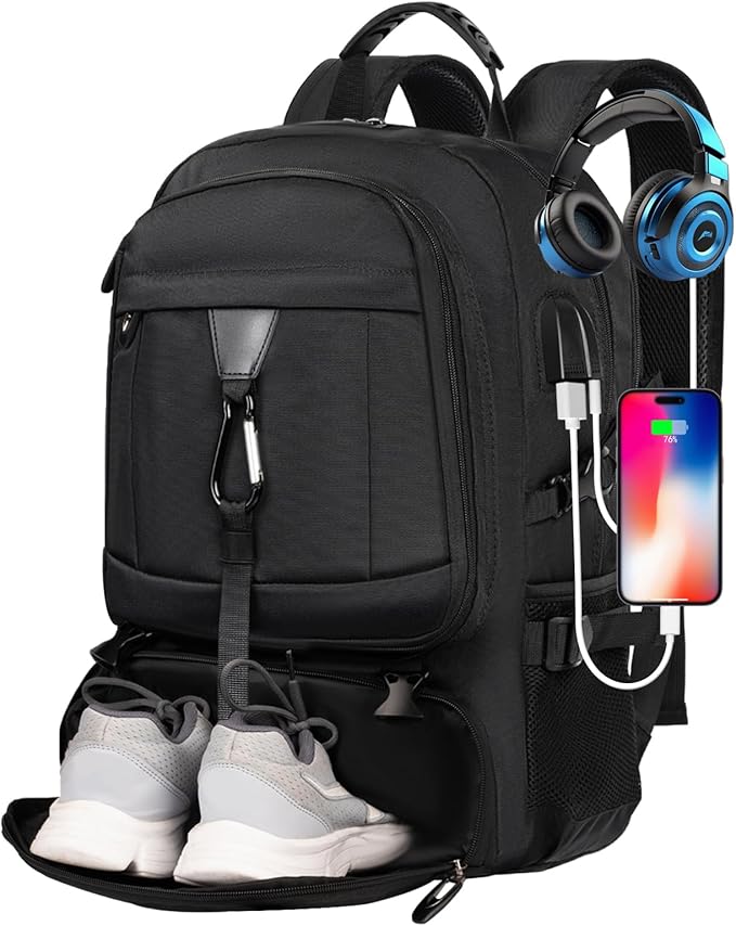 Large Travel Backpack for Men Women,Carry on Backpack with Shoe Compartment USB Charging Port,College Backpack,Bookbag fit 17.3 Inch Laptop for Business Hiking Camping (Fits 4.92-5.91 ft height)