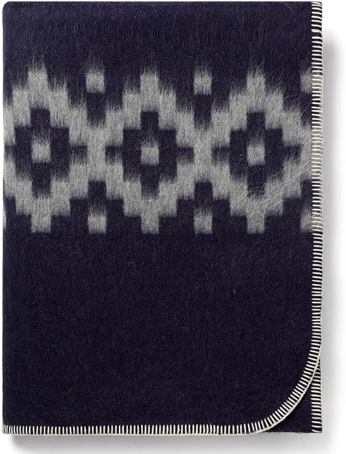 Thick Alpaca Wool Blanket Heavyweight Camping Outdoors Indoors Soft Peru Twin Size Ethnic Design (Navy Blue - Soft Gray Design, Twin Size)
