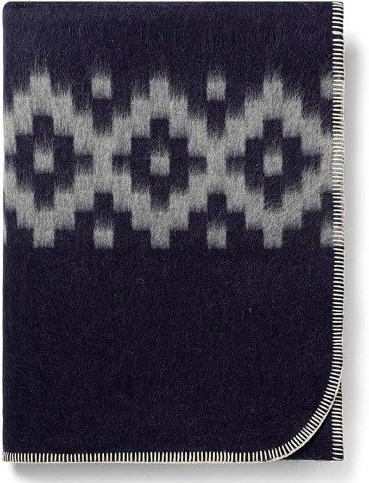 Thick Alpaca Wool Blanket Heavyweight Camping Outdoors Indoors Soft Peru Twin Size Ethnic Design (Navy Blue - Soft Gray Design, Twin Size)