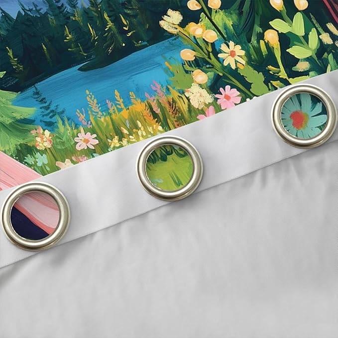 Manfei Camper Camping Blackout Curtains,Tent RV Trailer Rustic Adventure Window Drapes,Daisy Flowers Leaf Mountain Lake Nursery Bedroom Playroom Decor,Pink 2 Panels,42Wx63L inch