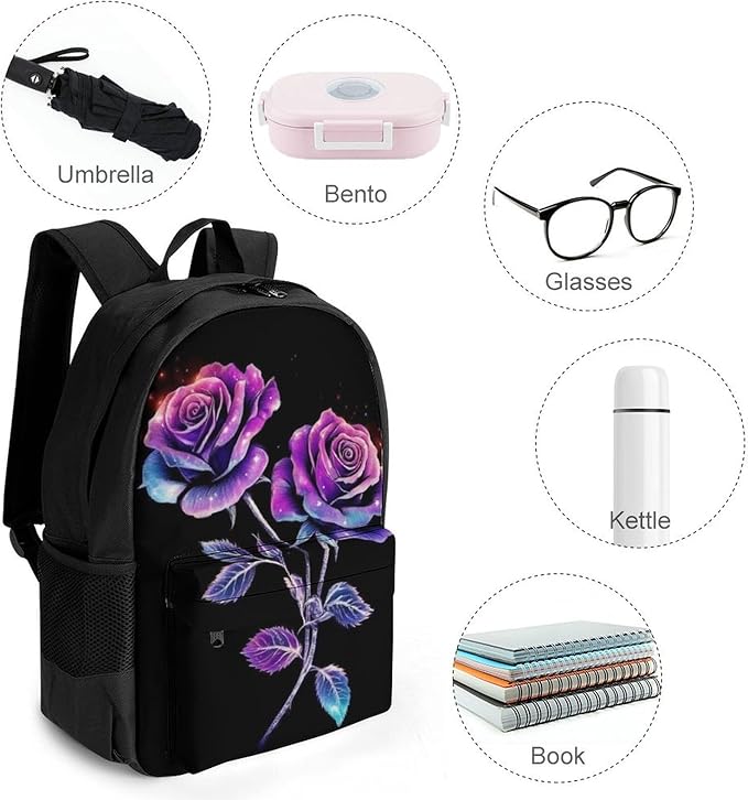 Supdreamc Polyester Daypack Backpack for Climbing Outdoors Running, Big Capacity Multipurpose Anti-Theft Bookbag, Colorful Flower Rose Travel Hiking Camping Rucksack