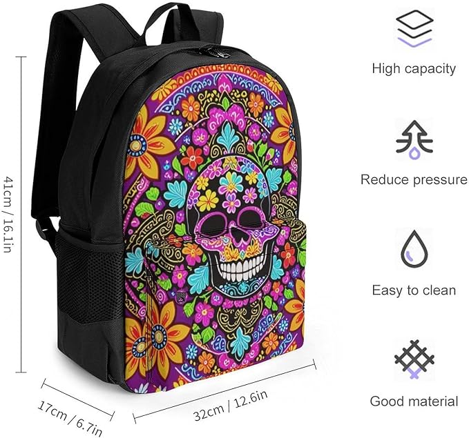 Supdreamc Backpack Polyester Multipurpose Anti-Theft Dead Sugar Skull Flowers Shoulder Bag Big Capacity Gym Outdoor Hiking Backpack With Padded Straps