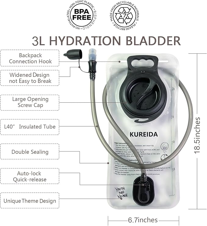 Hydration Bladder 2L-3L,Leak Proof Water Reservoir,BPA Free,Wide Opening, Military Water Bladder Combined with Hydration Backpacks for Biking Hiking Running Camping Climbing.