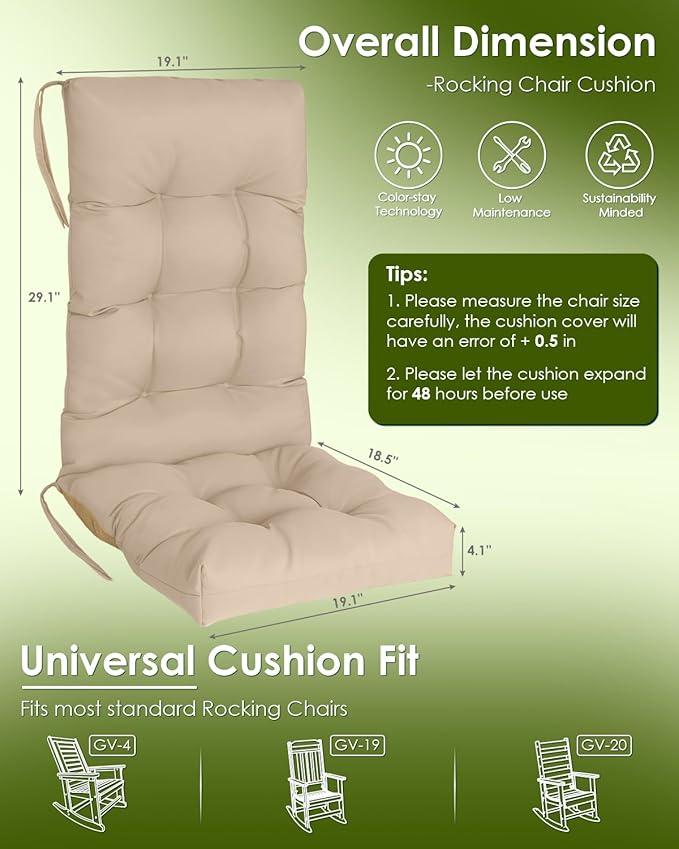 GREENVINES Rocking Chair Cushions Set of 4 | Polyester | Waterproof | Outdoor High Back Rocker Chairs Cushion | Seat with Ties | Non-Slip | Thickened Pad for Patio | 46.5" x 18.5" x 4.3" | Beige