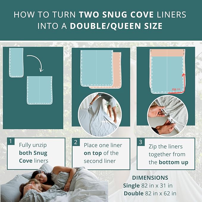 Soft Cotton Sleeping Bag Liner – 100% Organic Jersey Cotton Travel Sheet with Full Zipper, Lightweight Camping Sheet for Hotel & Travel, Single or Double Convertible Stretchy Sleep Sack for Adults