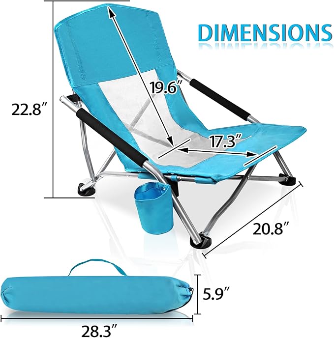 Camp Folding Beach Chair for Adults 2 Pack Chairs with Cup Holder Pocket Headrest Carry Bag for Outdoor, Beach, Camping, Lawn, Music Festival (Blue)
