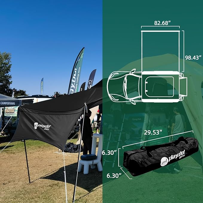 PlayDo Inflatable Rooftop Tent Easy Setup Camping Tent for The Roof of Sedans Pickup Blow Up Roof Top Tents SUV Truck Van Glamping Tent with Porch, Strip Light for 2-3 Person