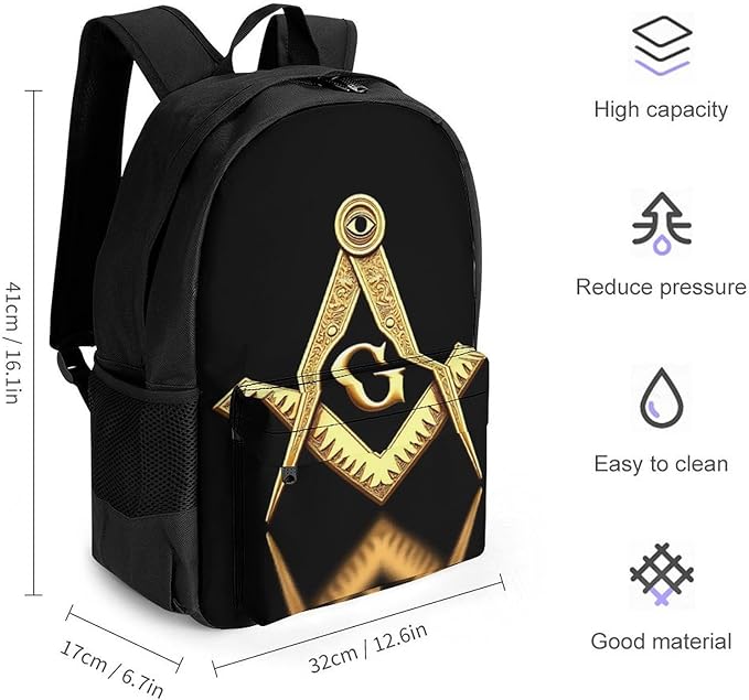 Polyester Daypack Backpack for Sports Travel Running, Big Capacity Anti-Theft Multipurpose Carry On Bag, Gold Freemason Freemasonry Masonic Laptop Book Bag Rucksack