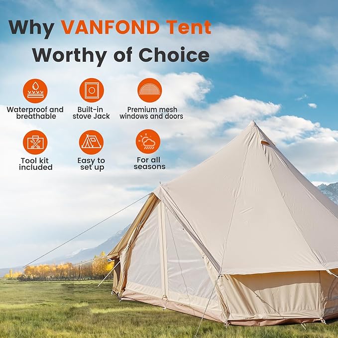 Canvas Bell Tent With Stove Jack - Waterproof and Breathable Yurt, Glamping Tent With Detachable Groundsheet for Camping Party