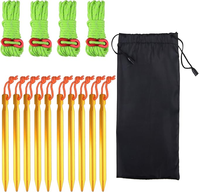TRIWONDER Aluminum Tent Stakes Pegs & Reflective Guylines with Tent Cord Tensioners for Camping, Hiking, Backpacking (Fluorescent Green)