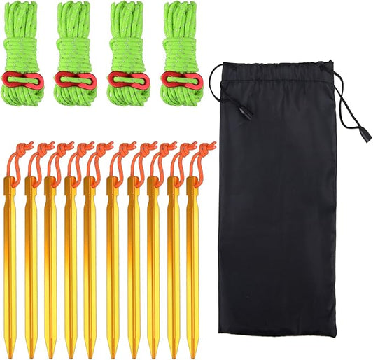 TRIWONDER Aluminum Tent Stakes Pegs & Reflective Guylines with Tent Cord Tensioners for Camping, Hiking, Backpacking (Fluorescent Green)