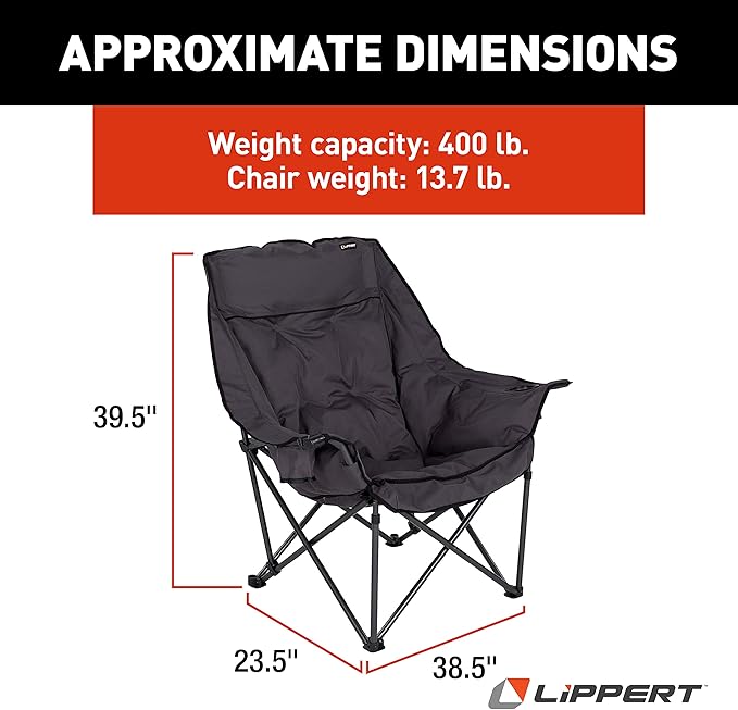Lippert Big Bear Padded Camping Chair with 400-lb. Weight Capacity, Carry Bag, Durable Mesh Fabrics, High-Loft Cushioning, Dual Cupholders, Stemmed Wine Glass Holder (Dark Grey) - 2021010669