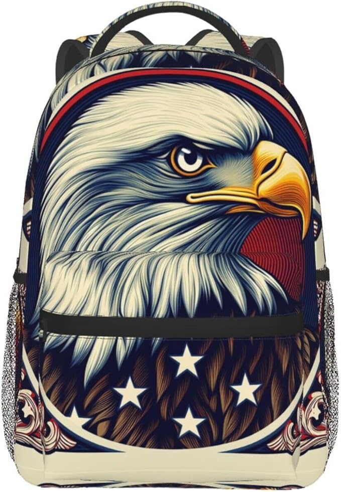 Men Women Lightweight American Flag Eagle Art Backpack Large Capacity Carry On Bag With Padded Straps for Sports Work Walking Cycling