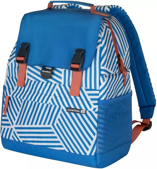 CleverMade Insulated Backpack Cooler Bag - 18 Can Leakproof Cooler Backpack with Bottle Opener, Outer Zippered Storage and Mesh Side Pockets for Lunch, Work, Picnic, and Camping - Blue Stripe