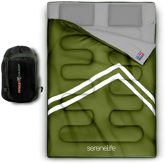 SereneLife Double Sleeping Bag with Pillows, Waterproof & Detachable for 2 Single Bags, Lightweight & Warm, Perfect for Camping, Hiking, Backpacking, and Cold Weather, Suitable for Temperatures 5-10°F