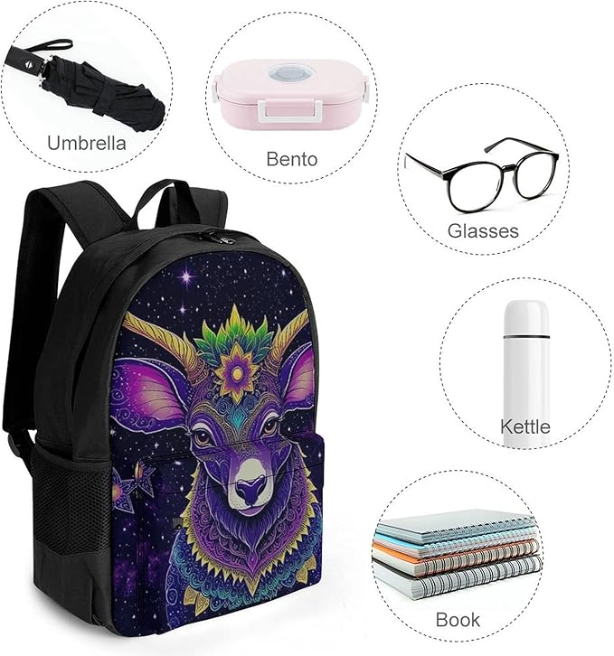 Men Women Polyester Colorful Cow Deer Galaxy Art Casual Daypack Large Capacity Carry On Bag With Adjustable Shoulder Straps for Camping Work Running