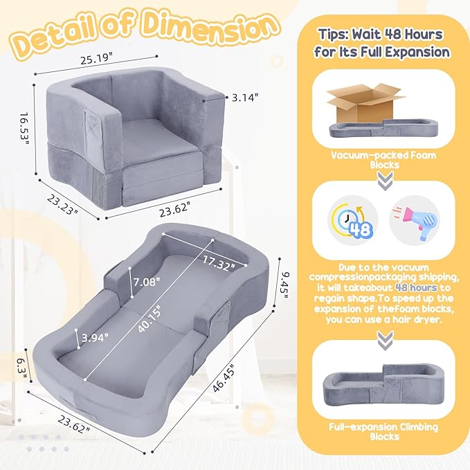 Toddler Travel Bed, 2-in-1 Foldable Portable Toddler Bed Sofa Chair, Soft Baby Kids Travel Floor Cot with Washable Covers Safety Foam Raised Bumper for Camping Hotel Sleeping (Grey)