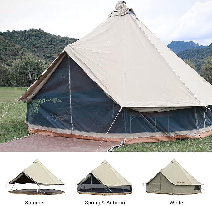 KingCamp Khan Canvas Bell Tent 16.4ft for Camping, Glamping, with 2 Room Camping Shower Tent