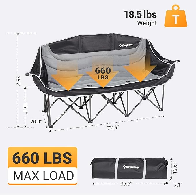 KingCamp 3 Person Camping Chair, Oversized 660lbs Heavy Duty Loveseat for Adults Portable Folding XL 2 Person Couch Padded Comfortable Three Seat with Cup Holder for Outdoor Lawn Backyard, Black/Grey