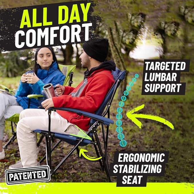 STRONGBACK Elite Folding Camping Lawn Lounge Chair Heavy Duty Camp Outdoor Seat with Lumbar Support and Portable Carry Bag - Black/Grey
