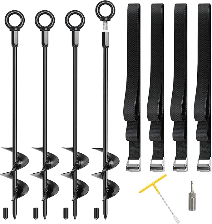 Trampoline Stakes High Wind Heavy Duty Kit, 4/6/8 Pack 18" Trampoline Anchors Ground Anchors Screw in with Adjustable Tie-Down Straps for RV Awning Swing Set Canopy Tent Stakes