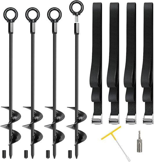 Trampoline Stakes High Wind Heavy Duty Kit, 4/6/8 Pack 18" Trampoline Anchors Ground Anchors Screw in with Adjustable Tie-Down Straps for RV Awning Swing Set Canopy Tent Stakes