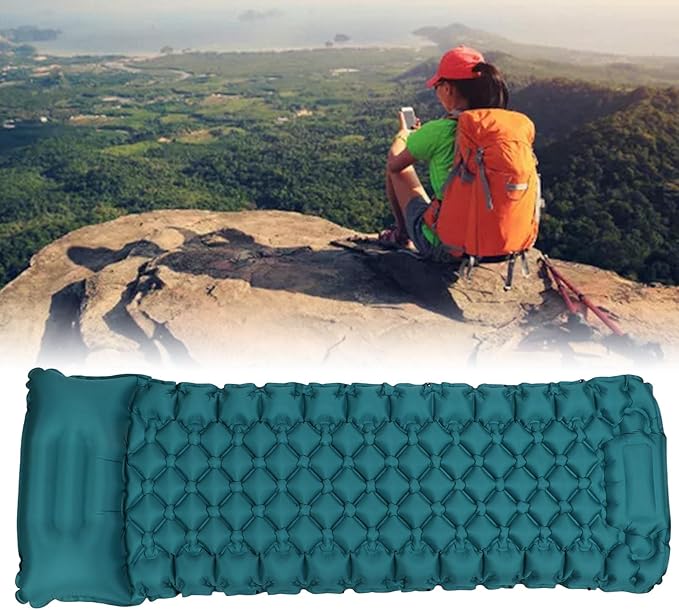 Camping Mattress, Inflatable Camping Sleeping Pads with Curved Pillow Portable Ultralight Sleeping Pad Peacock Blue for Camping Ergonomic Design Waterproof Nylon Camping Mat for Outdoo