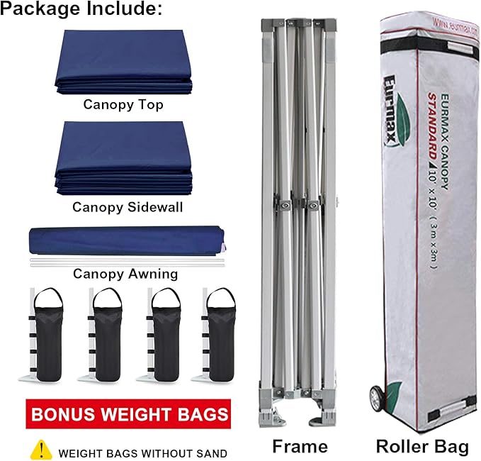 Eurmax USA 10 x 10 Pop up Canopy Commercial Tent Outdoor Party Canopies with 4 Removable Zippered Sidewalls and Roller Bag Bonus 4 Canopy Sand Bags & 24 Squre Ft Extended Awning(Navy Blue)