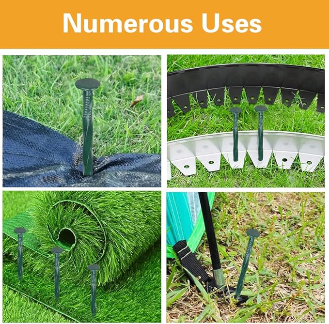 Bakulyor 100 Pack Metal Landscape Stakes, 8 Inch Artificial Grass Nails, 6 Gauge Large Landscaping Staples, Green Edging Anchor Stake for Garden Ground Lawn Paver Timber Border Weed Barrier Spikes 8"