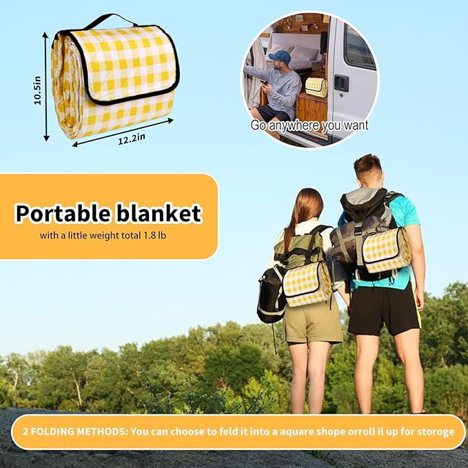 Large Picnic Blankets, 3 Layers Thick Soft Gingham Camping Blanket, 59X79IN Foldable Waterproof Rug, Portable Outdoor Mat for Beach Grass Hiking Park Travel, Sandproof, Machine Washable-Yellow